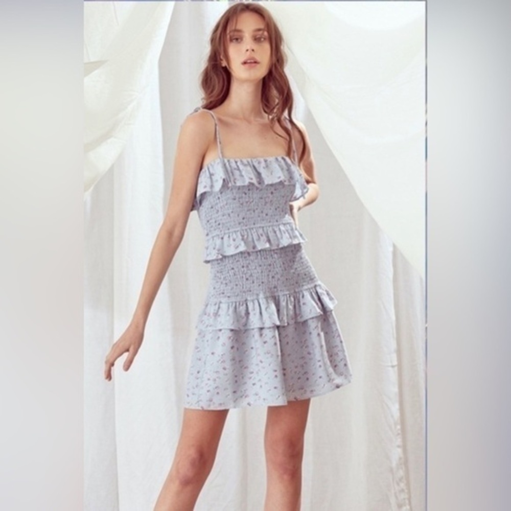STORIA smocked bodice ruffle tiers detail mini dress shoulder ties floral Large
